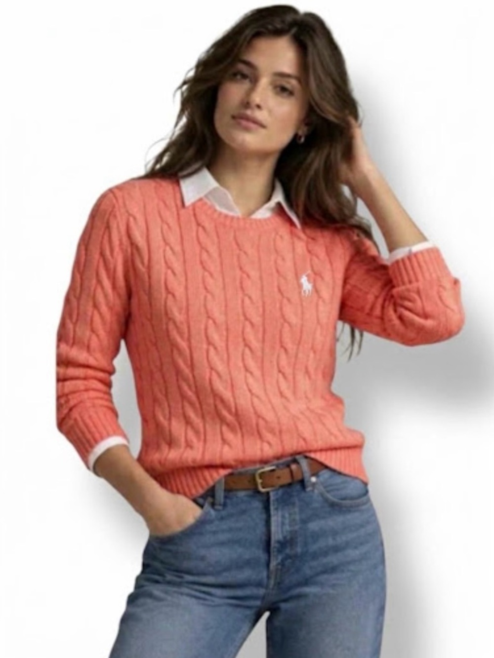 Ralph Lauren Cable Knit Cotton Sweater Coral Pink Size L